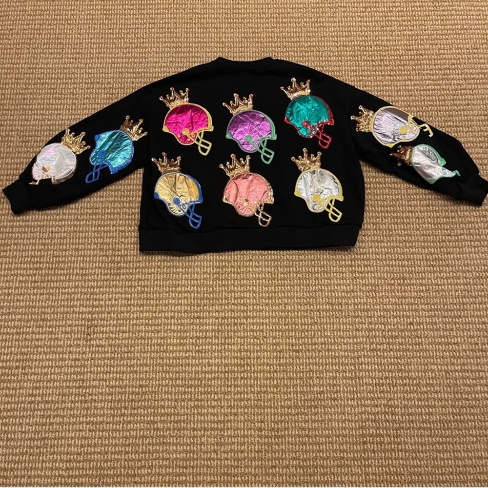 QUEEN OF SPARKLES Black Sweatshirt with Colorful Helmets and Gold Crowns - Picture 5 of 5